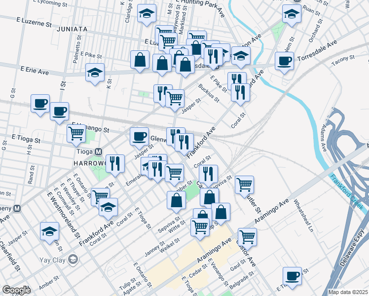 map of restaurants, bars, coffee shops, grocery stores, and more near 2020 East Glenwood Avenue in Philadelphia