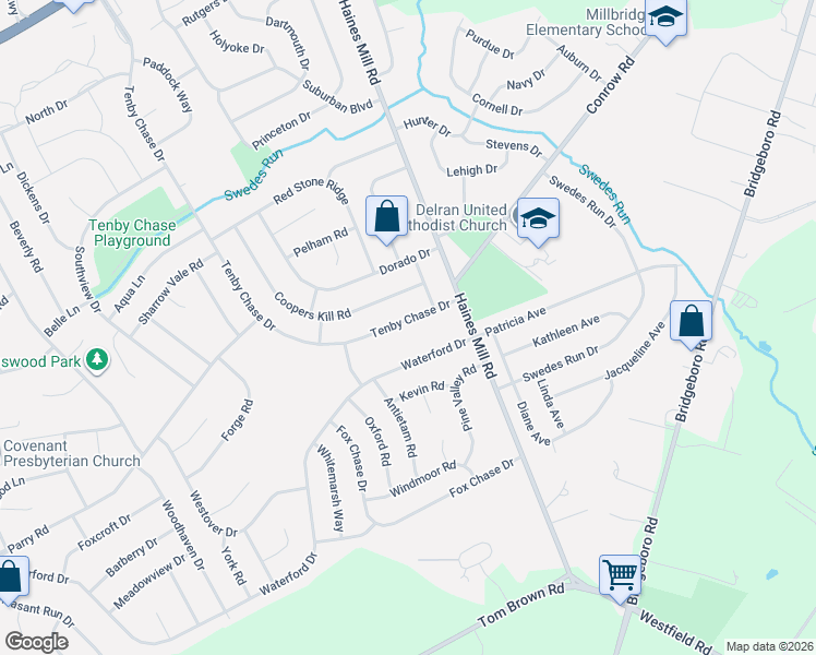map of restaurants, bars, coffee shops, grocery stores, and more near 319 Tenby Chase Drive in Delran