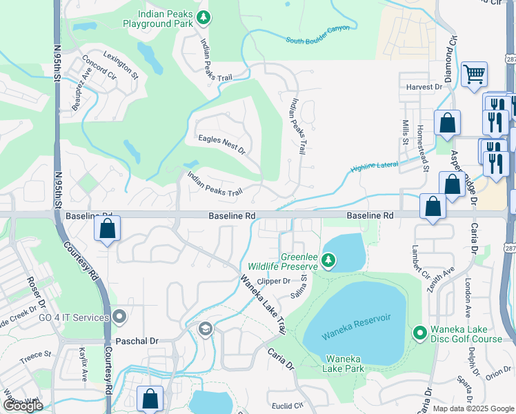 map of restaurants, bars, coffee shops, grocery stores, and more near 2149 Night Sky Lane in Lafayette