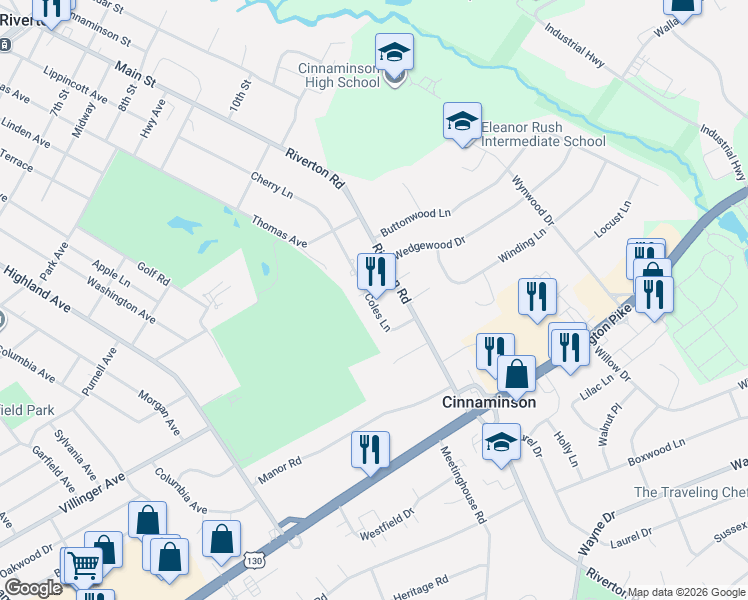 map of restaurants, bars, coffee shops, grocery stores, and more near 1402 Coles Lane in Cinnaminson