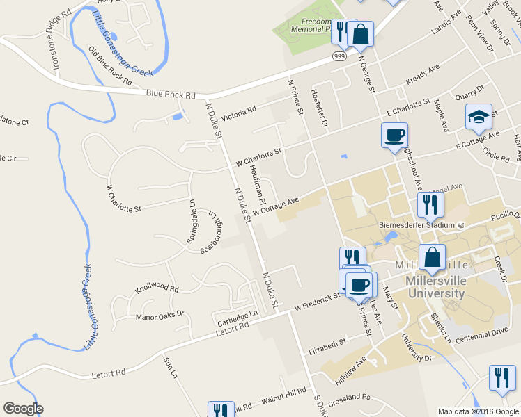 map of restaurants, bars, coffee shops, grocery stores, and more near 300 Houffman Place in Millersville