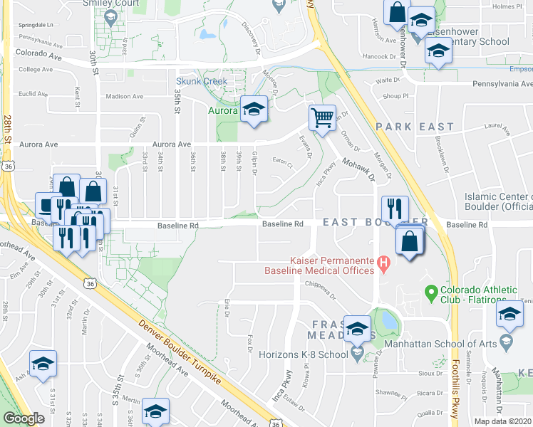 map of restaurants, bars, coffee shops, grocery stores, and more near 4035 Gilpin Drive in Boulder