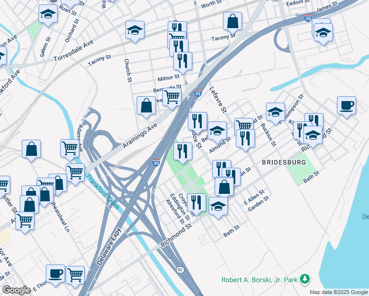 map of restaurants, bars, coffee shops, grocery stores, and more near 2548 Gillingham Street in Philadelphia
