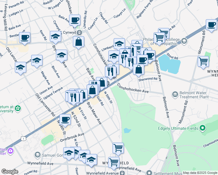 map of restaurants, bars, coffee shops, grocery stores, and more near 4920 City Avenue in Philadelphia