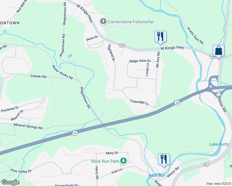 map of restaurants, bars, coffee shops, grocery stores, and more near 205 Coleridge Lane in Coatesville