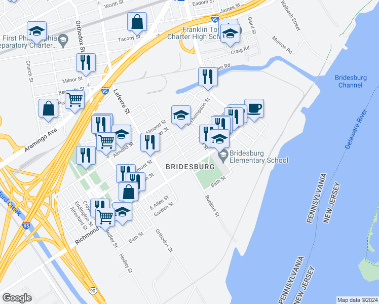 map of restaurants, bars, coffee shops, grocery stores, and more near 4619 Salmon Street in Philadelphia