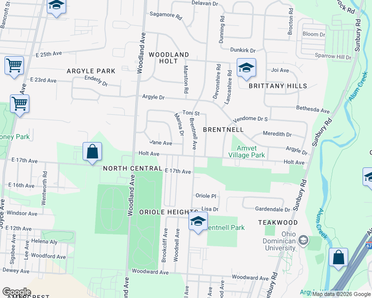map of restaurants, bars, coffee shops, grocery stores, and more near 1582 Marina Drive in Columbus
