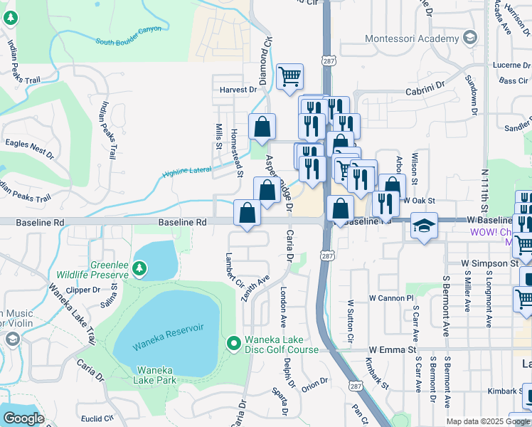 map of restaurants, bars, coffee shops, grocery stores, and more near 1317 West Baseline Road in Lafayette