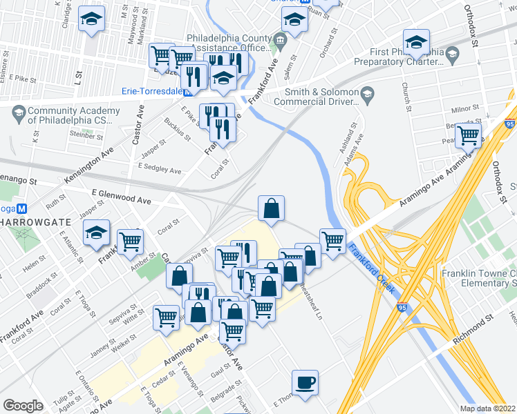 map of restaurants, bars, coffee shops, grocery stores, and more near 2100 Wheatsheaf Lane in Philadelphia