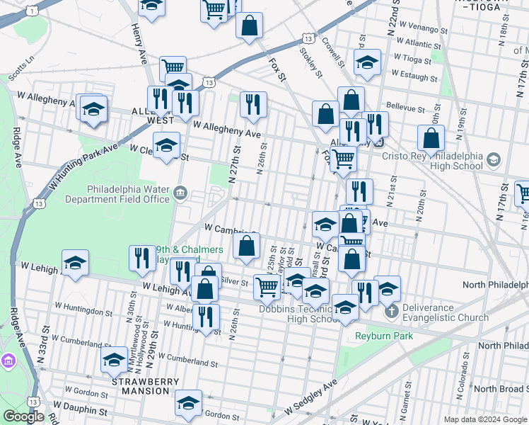 map of restaurants, bars, coffee shops, grocery stores, and more near 2955 North Bambrey Street in Philadelphia