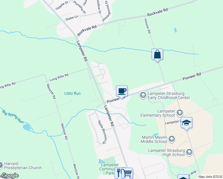 map of restaurants, bars, coffee shops, grocery stores, and more near 126 Hitching Post Lane in Lancaster