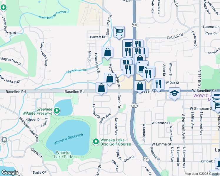 map of restaurants, bars, coffee shops, grocery stores, and more near 1285 West Baseline Road in Lafayette