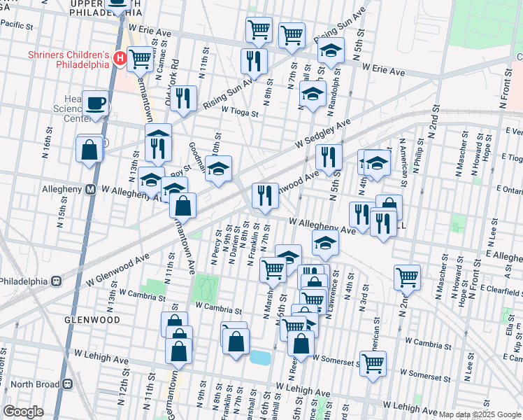 map of restaurants, bars, coffee shops, grocery stores, and more near 717 West Allegheny Avenue in Philadelphia