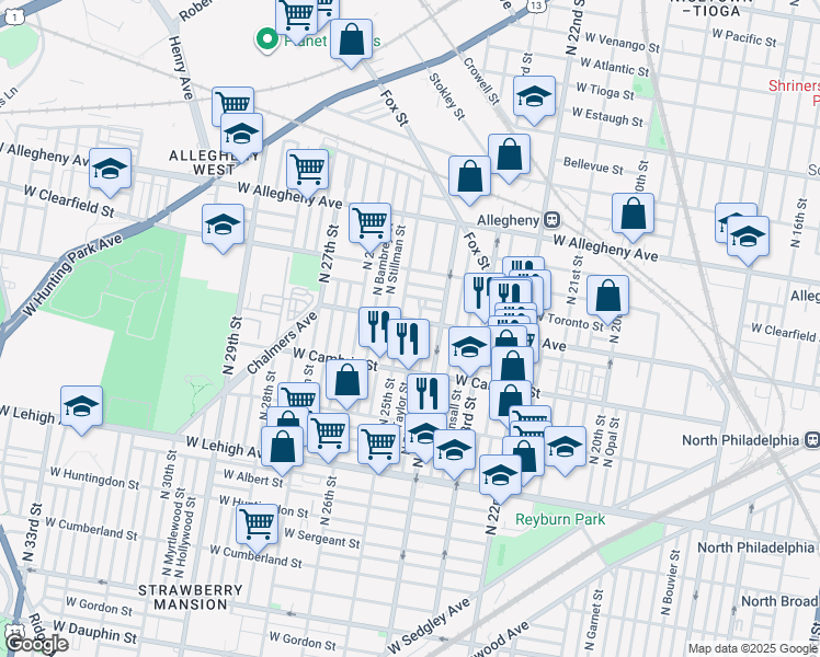 map of restaurants, bars, coffee shops, grocery stores, and more near 2958 North Taylor Street in Philadelphia