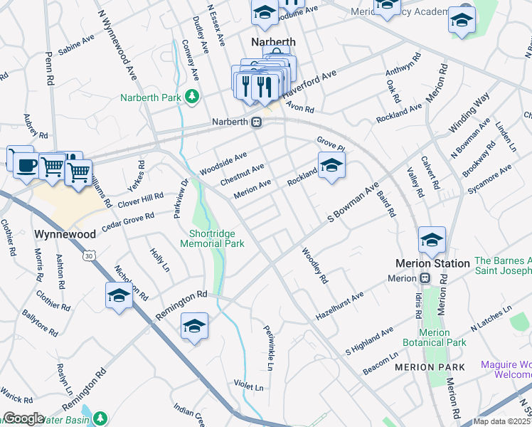 map of restaurants, bars, coffee shops, grocery stores, and more near 122 Winchester Road in Merion Station