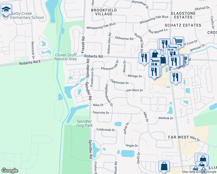 map of restaurants, bars, coffee shops, grocery stores, and more near 2424 Highlandtown Drive in Hilliard
