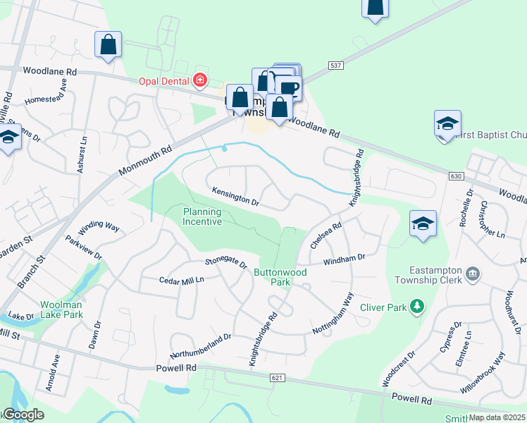 map of restaurants, bars, coffee shops, grocery stores, and more near 19 Kensington Drive in Mount Holly