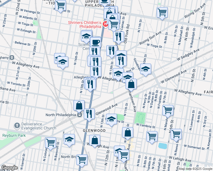 map of restaurants, bars, coffee shops, grocery stores, and more near 1307 West Lippincott Street in Philadelphia