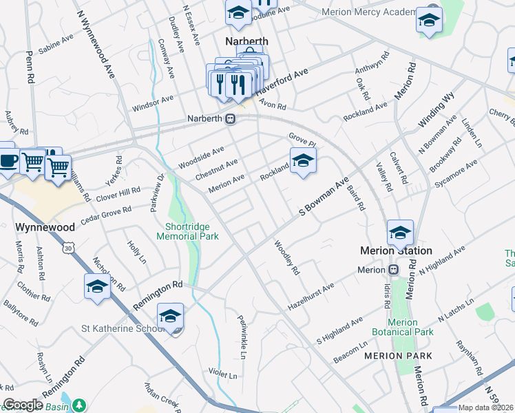 map of restaurants, bars, coffee shops, grocery stores, and more near 518 Valley-View Road in Merion Station