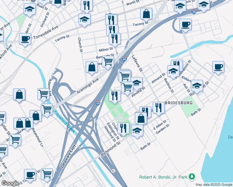 map of restaurants, bars, coffee shops, grocery stores, and more near 2548 Gillingham Street in Philadelphia