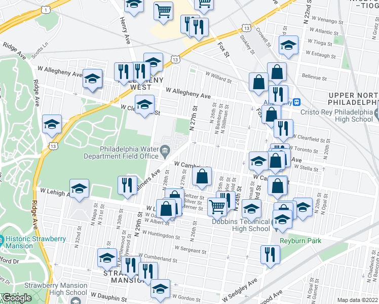 map of restaurants, bars, coffee shops, grocery stores, and more near 2935 North 27th Street in Philadelphia