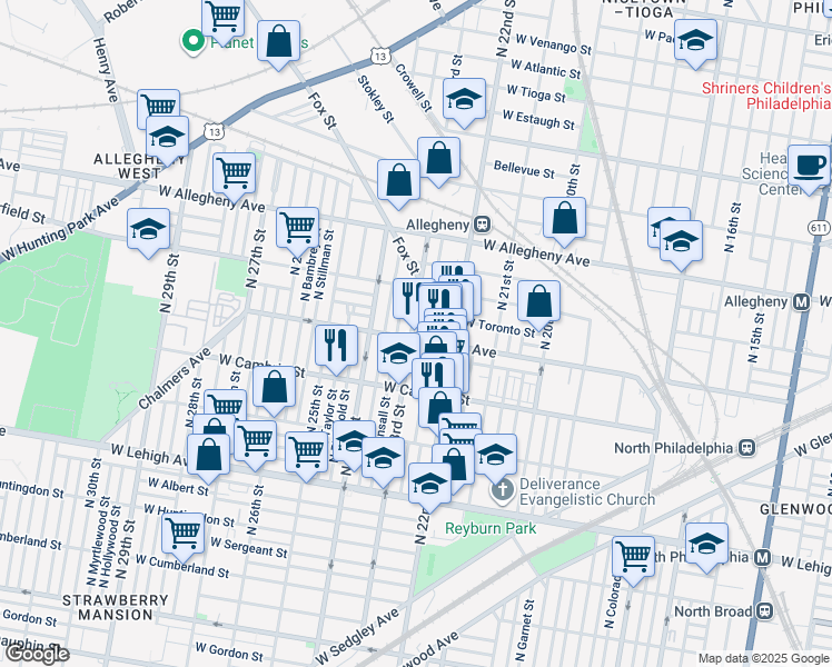 map of restaurants, bars, coffee shops, grocery stores, and more near 2239 West Indiana Avenue in Philadelphia