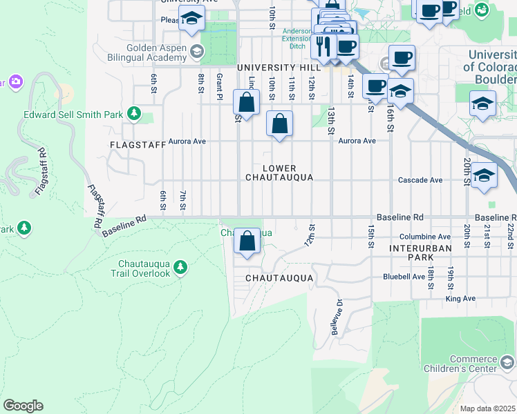 map of restaurants, bars, coffee shops, grocery stores, and more near 722 Lincoln Place in Boulder