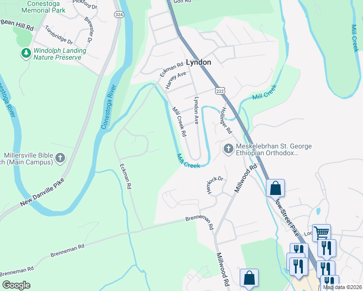 map of restaurants, bars, coffee shops, grocery stores, and more near 2124 Mill Creek Road in Lancaster
