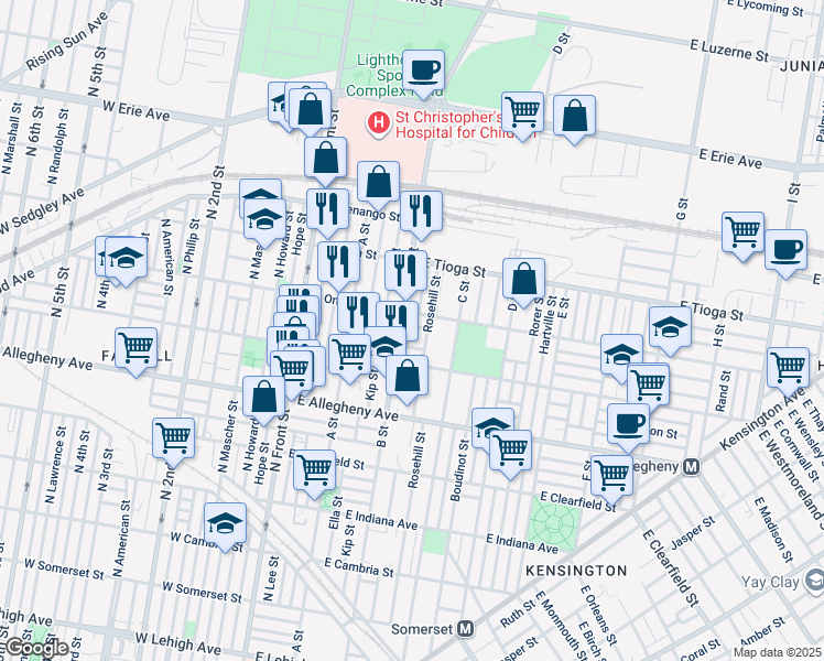 map of restaurants, bars, coffee shops, grocery stores, and more near 312 East Thayer Street in Philadelphia