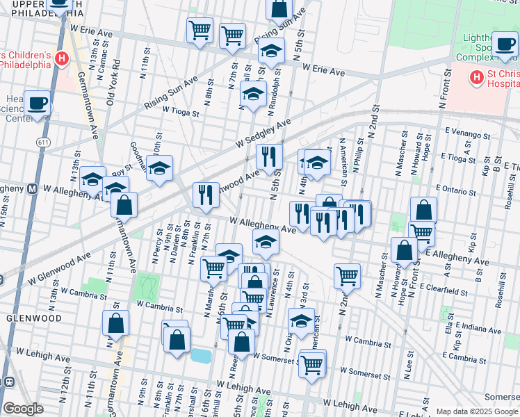 map of restaurants, bars, coffee shops, grocery stores, and more near 3228 North Reese Street in Philadelphia