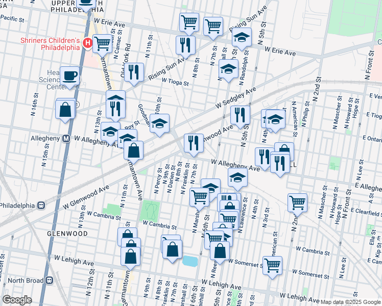 map of restaurants, bars, coffee shops, grocery stores, and more near 717 West Allegheny Avenue in Philadelphia
