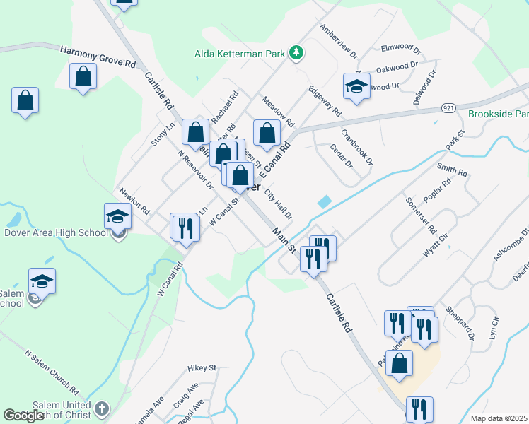 map of restaurants, bars, coffee shops, grocery stores, and more near 31 South Main Street in Dover