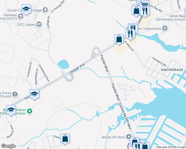 map of restaurants, bars, coffee shops, grocery stores, and more near 1312 Fischer Boulevard in Toms River