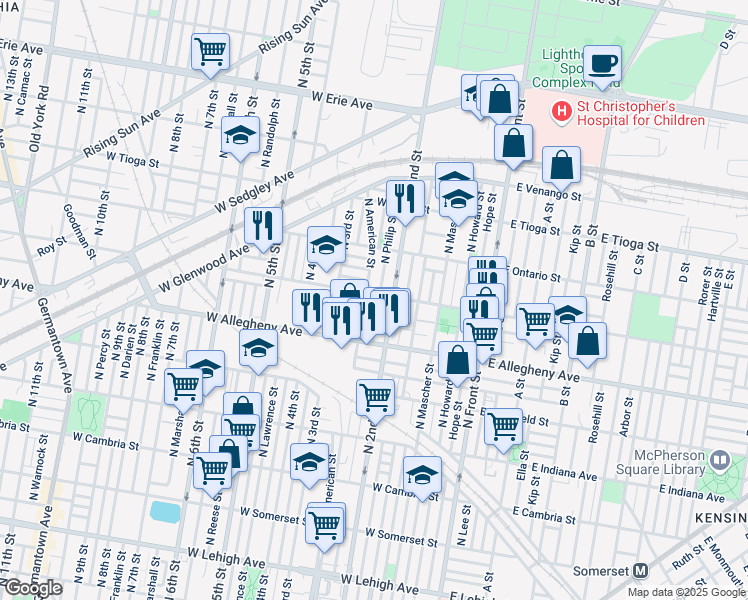 map of restaurants, bars, coffee shops, grocery stores, and more near 3260 North Philip Street in Philadelphia