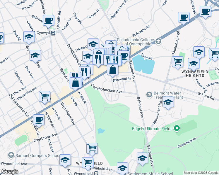 map of restaurants, bars, coffee shops, grocery stores, and more near 4709 Conshohocken Avenue in Philadelphia