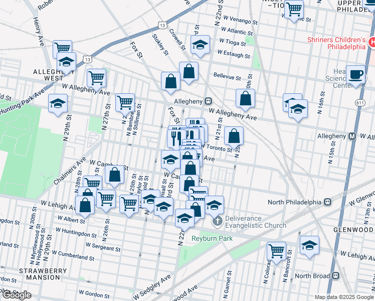 map of restaurants, bars, coffee shops, grocery stores, and more near 3008 North Croskey Street in Philadelphia