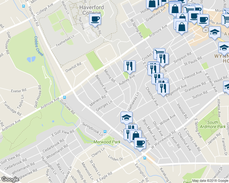 map of restaurants, bars, coffee shops, grocery stores, and more near 675 Aubrey Avenue in Ardmore