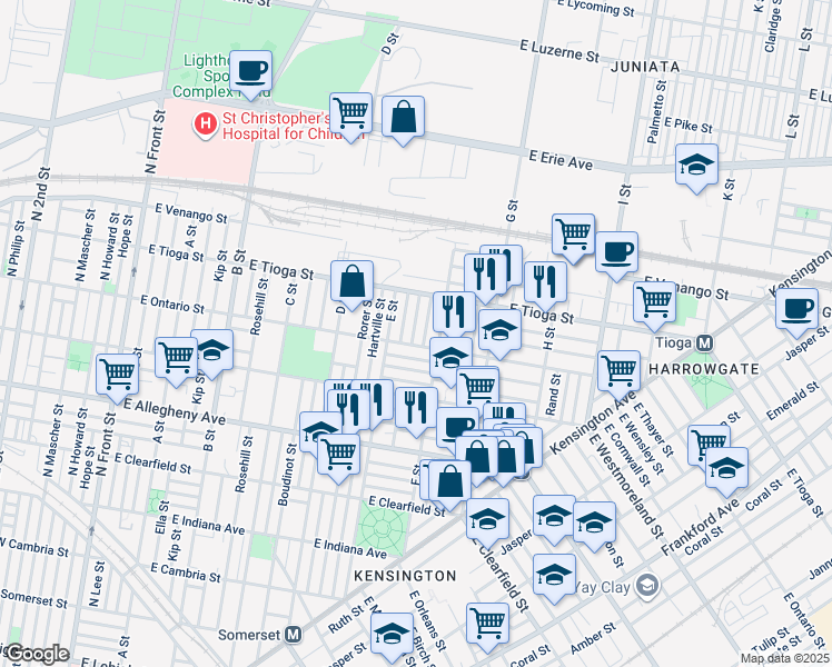 map of restaurants, bars, coffee shops, grocery stores, and more near 3415 Tampa Street in Philadelphia