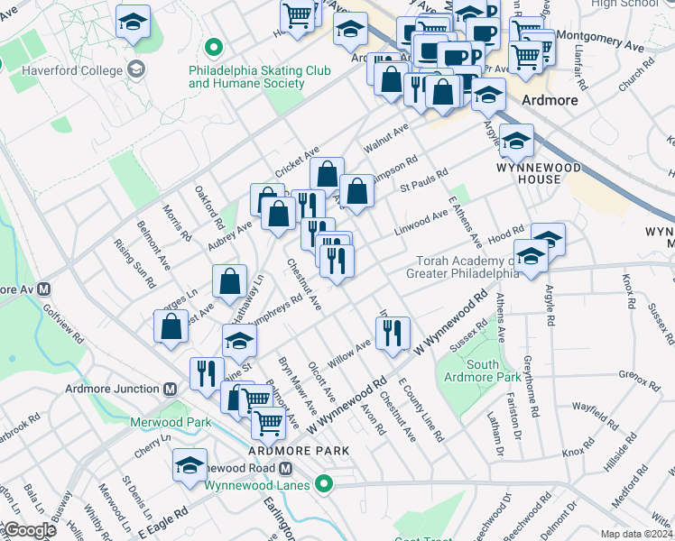 map of restaurants, bars, coffee shops, grocery stores, and more near 231 Linwood Avenue in Ardmore