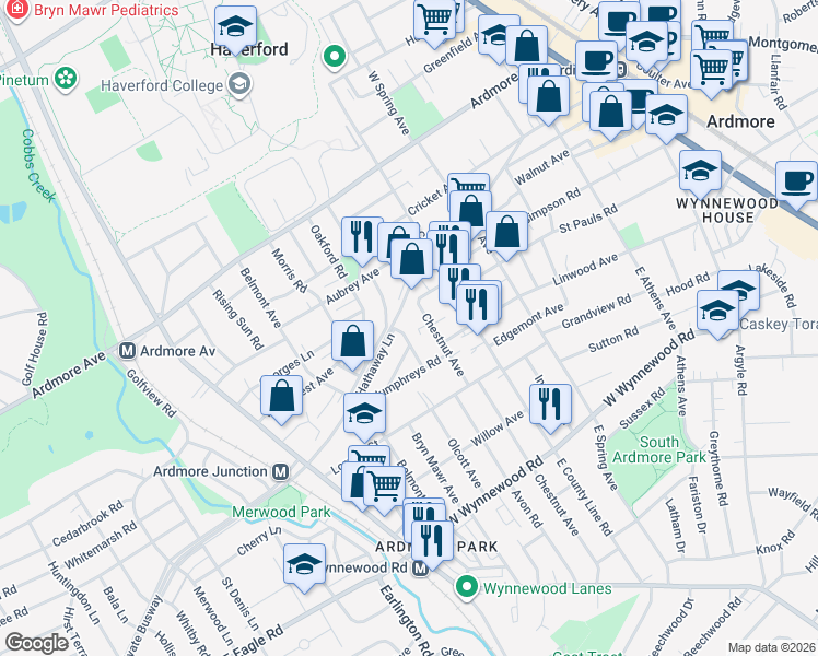 map of restaurants, bars, coffee shops, grocery stores, and more near 2733 Saint Marys Road in Ardmore