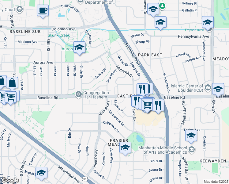 map of restaurants, bars, coffee shops, grocery stores, and more near 745 Thomas Drive in Boulder