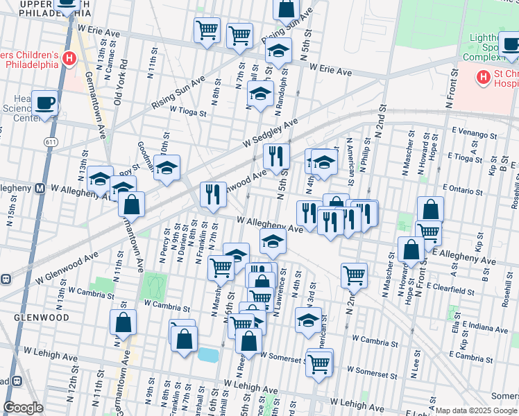 map of restaurants, bars, coffee shops, grocery stores, and more near 3226 North Randolph Street in Philadelphia