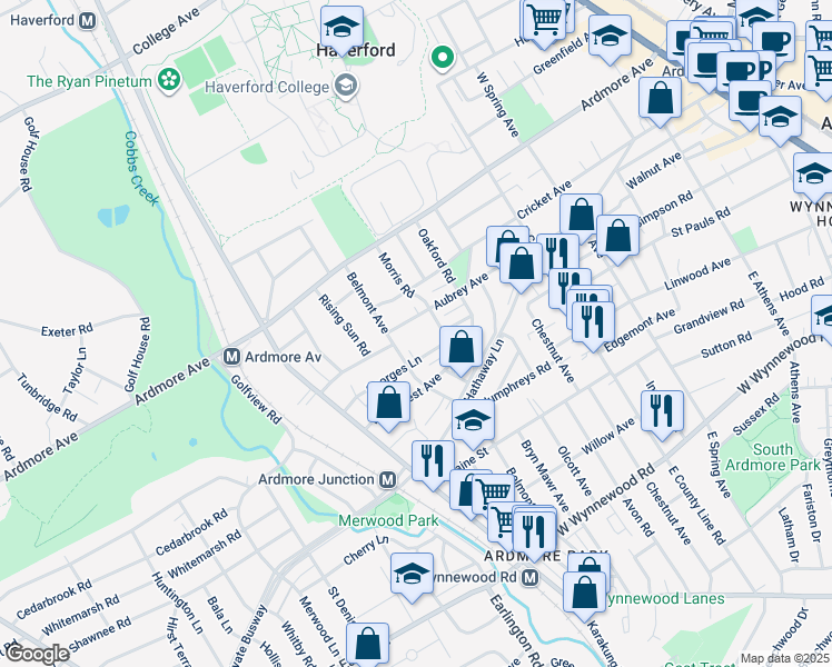 map of restaurants, bars, coffee shops, grocery stores, and more near 675 Aubrey Avenue in Ardmore