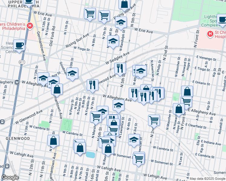 map of restaurants, bars, coffee shops, grocery stores, and more near 3226 North Randolph Street in Philadelphia