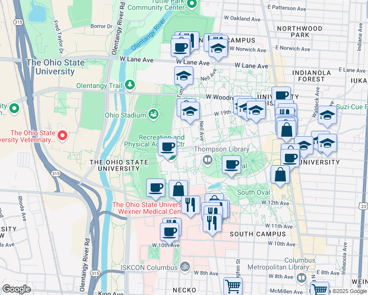 map of restaurants, bars, coffee shops, grocery stores, and more near 404 West 17th Avenue in Columbus