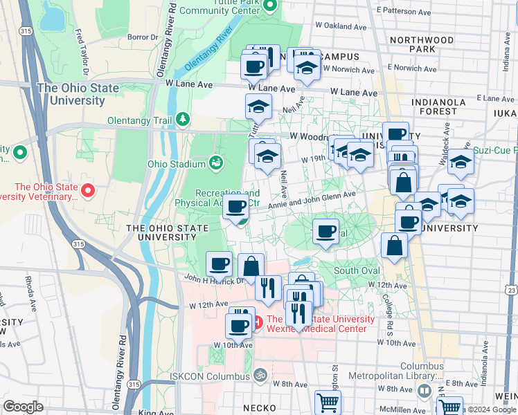 map of restaurants, bars, coffee shops, grocery stores, and more near 404 West 17th Avenue in Columbus