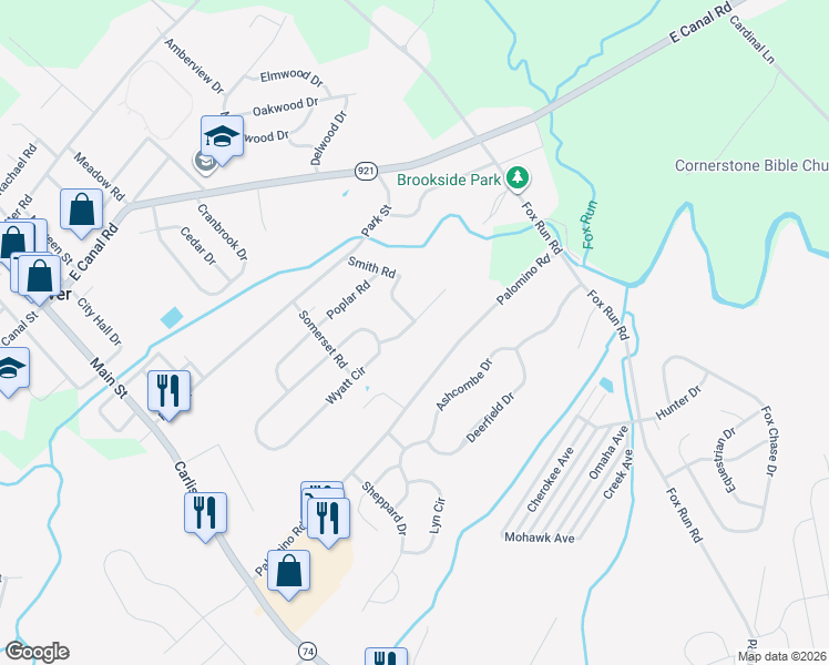 map of restaurants, bars, coffee shops, grocery stores, and more near 1777 Rocky Road in Dover