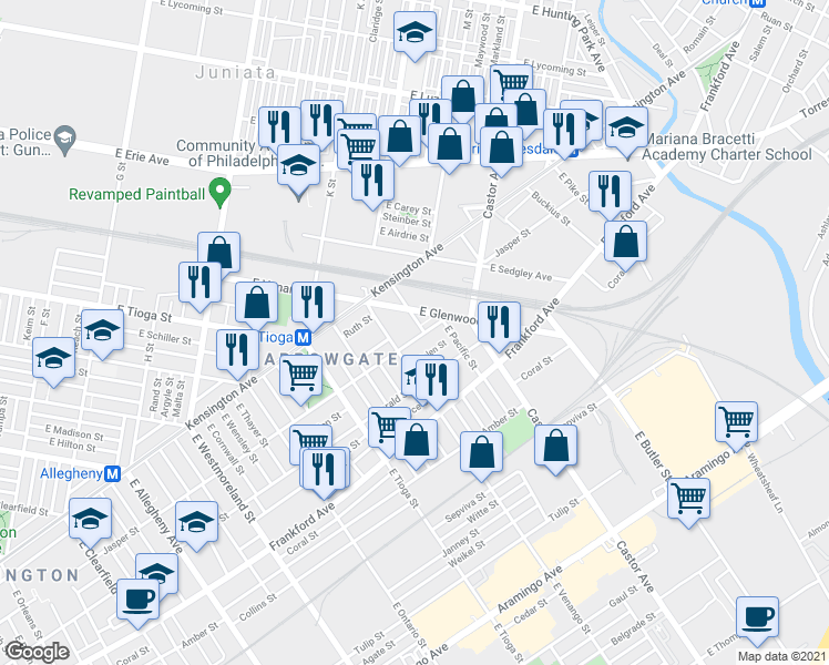 map of restaurants, bars, coffee shops, grocery stores, and more near 3626 Jasper Street in Philadelphia