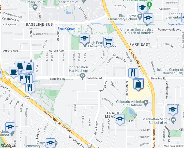 map of restaurants, bars, coffee shops, grocery stores, and more near 4085 Gilpin Drive in Boulder
