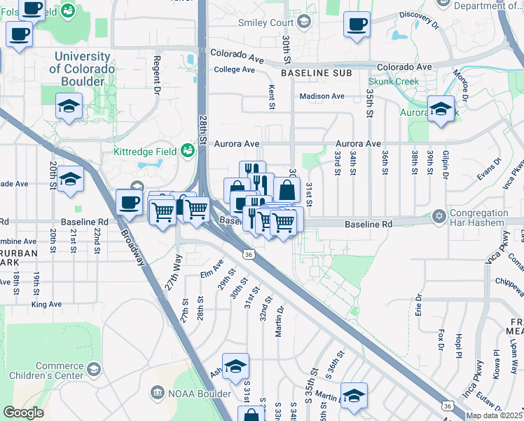 map of restaurants, bars, coffee shops, grocery stores, and more near 2935 Baseline Road in Boulder
